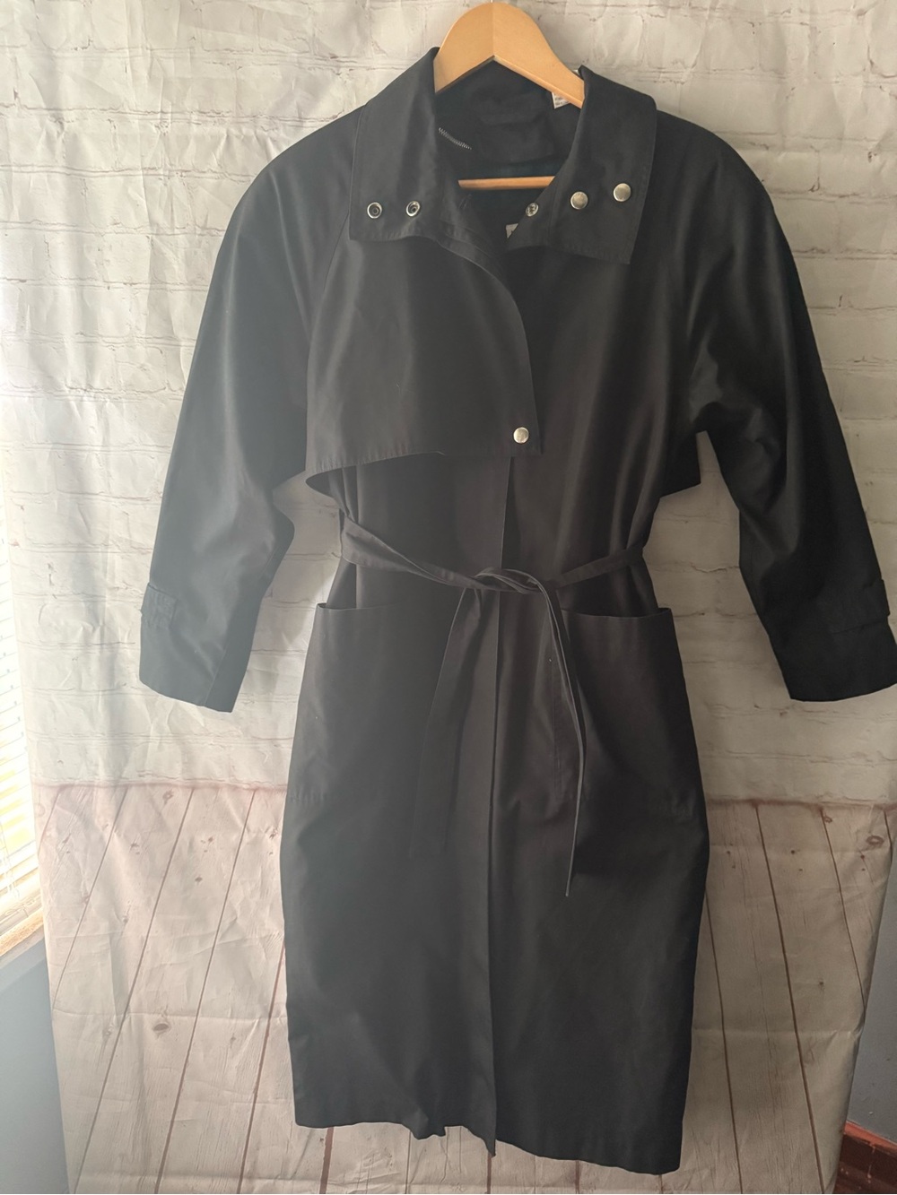 J Gallery Womens Petite Size 7/8 Vintage Black Belted Long 80s Trench Coat